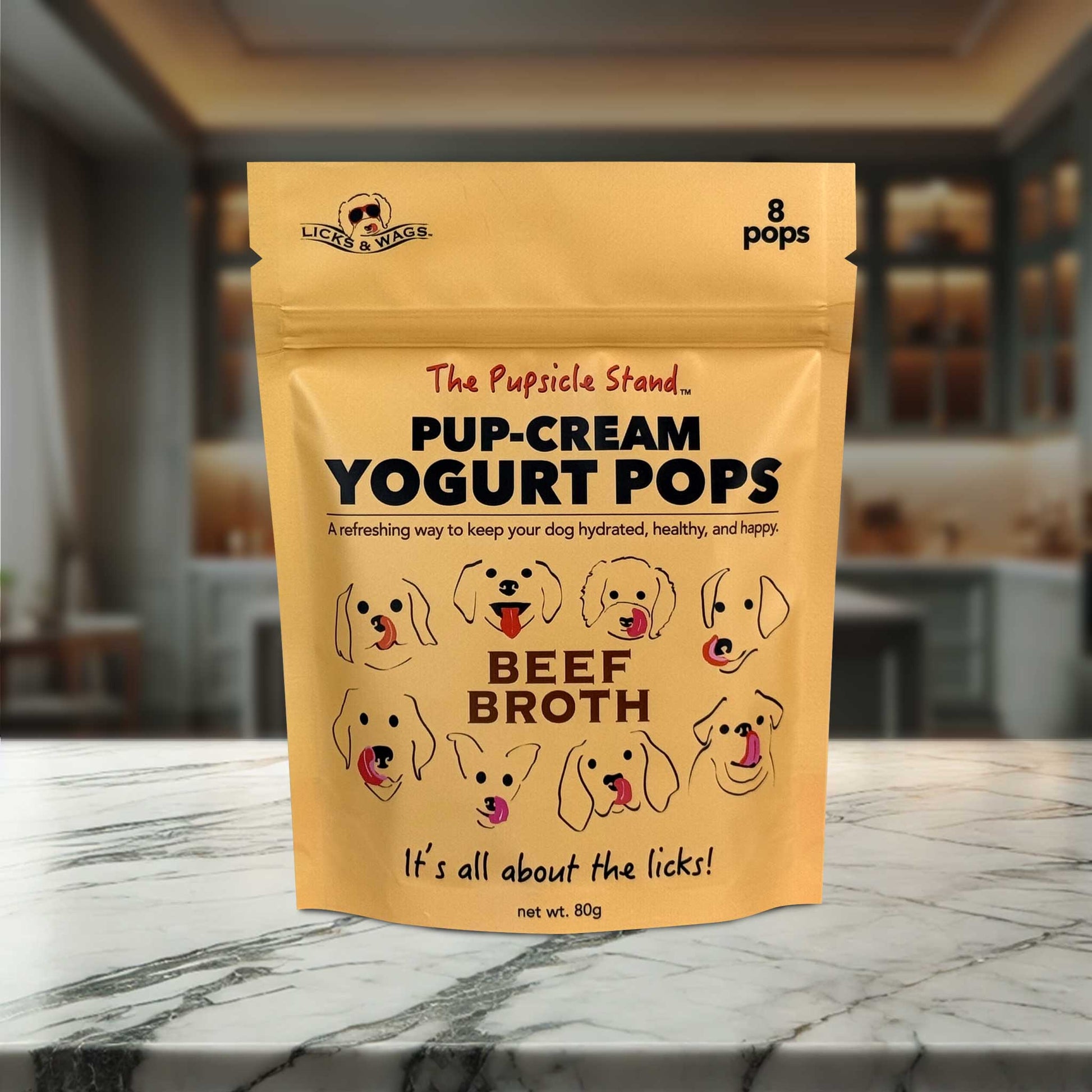 Package of Pup-Cream Yogurt Pop mix, made with beef broth, creating eight delicious homemade frozen dog treats. A healthy, easy-to-make snack packed with probiotics for digestive support and overall wellness.